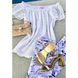 Lilly Pulitzer Marble Off Shoulder Lace Top Sz S Resort White Scallop Hem